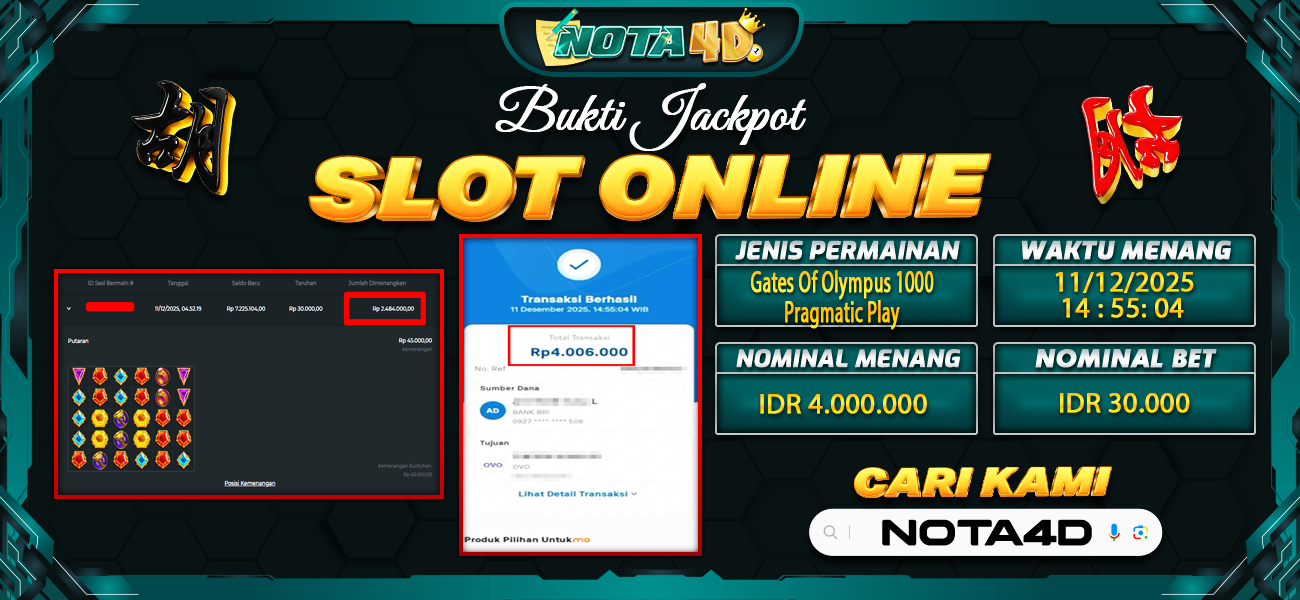 Bukti Kemenangan Besar Dibayar lunas Member NOTA4D RP 4.000.000, 12 Desember 2025