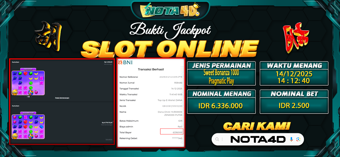 Bukti Kemenangan Besar Dibayar lunas Member NOTA4D RP 6.336.000, 15 Desember 2025