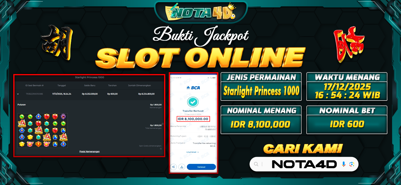 Bukti Kemenangan Besar Dibayar lunas Member NOTA4D RP 8.100.000, 17 Desember 2025
